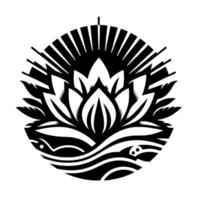 Black and White Lotus Blossom Within a Circle, Symbolic of Peace and Tranquility, with Sunburst Effect. vector