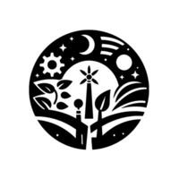 Circular black and white emblem showing a wind turbine, plants, gear, night sky moon, stars, and stylized landscape elements representing ecology and renewable energy. vector