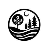 Black and white nature scene inside a circle, featuring a tree, pine trees, crescent moon, and stylized landscape. vector