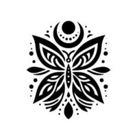Symmetrical, black and white butterfly with crescent moon and dot details, evokes mystical or spiritual themes, against clean white background. vector