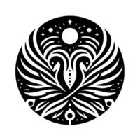 Symmetrical black and white art piece featuring two stylized swans with outstretched wings in a circular frame under celestial elements. vector