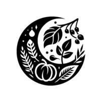 Intricate monochromatic illustration a crescentshaped arrangement featuring autumnal elements like a pumpkin, leaves, berries, and various botanical details with a whimsical and artistic design. vector