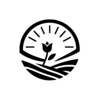 A minimalist featuring a tulip blossoming beneath an arched sun, set over stylized rolling fields within a circular frame. vector
