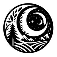 A monochromatic circular illustration depicting a tranquil night scene with a stylized moon, stars, trees, mountains, and fields. vector