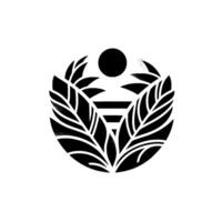 Minimalist Circular Black and White Design Sun, Horizon, and Leafy Abundance, a stylized emblem of nature within a geometric frame. vector