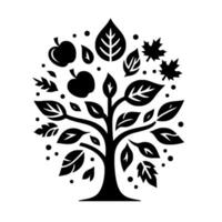 Stylized Black and White Tree Illustration with Apples, Leaves and Maple Leaves, Minimalist Design. vector