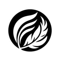 A minimalist featuring stylized white leaves and feather elements within a black circular frame, conveying natures grace and balance. vector