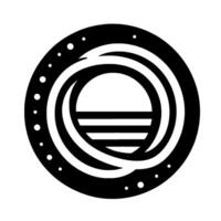 Concentric black and white circular with nested rings, dotted border, and a stylized sun or horizon in the center. vector