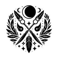 Celestial Emblem Crossed Blades, Feathers, and Moon Phases Encircled by Laurel Branches in Minimalist, BlackandWhite Design. vector