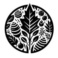 Intricate Black and White Circular Nature Illustration Leaf and Botanical Elements Inside a Symbolic Circle. vector