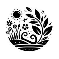 A stylized black and white illustration of a vibrant nature scene enclosed in a circular frame, depicting a sun, flowers, foliage, and a bird, creating a sense of harmony and simplicity. vector