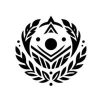 A symmetrical black and white emblem design, featuring a central geometric shape, a star, laurel wreaths, and other ornamental elements on a plain background. vector