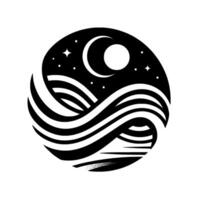 Celestial Yin Yang A stylized black and white circular illustration merging night sky elements moon, stars with ocean waves, evoking balance and tranquility. vector