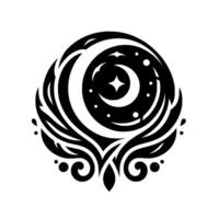 An elegant black and white celestial features a stylized crescent moon and a star within an ornate, swirling pattern of leaves and organic shapes, evoking mystery. vector