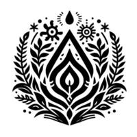 Intricate black and white symmetrical stylized featuring a central teardrop shape with a flame, surrounded by floral and celestial elements on white background. vector