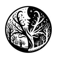 Yin Yang Trees A Symbolic Black and White Circle with a Forest Split into Day and Night Depictions. vector