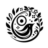 Stylized Black and White Bird Within Circular Branch and Berry Motif, Minimalist on White Background. vector