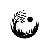 Stylized YinYang Composition A Black and White Nature Scene with a Tree, Forest, and Sun, Contained Within a Circular Shape. vector