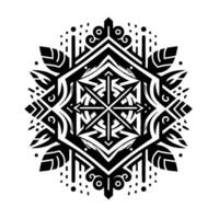 Symmetrical Black and White Geometric Mandala with Leaf Motifs and Ornate Radial Patterns on a White Backdrop. vector