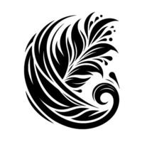 Intricate black and white stylized floral with flowing lines and delicate details, resembling a paisley or featherlike pattern on a blank canvas. vector