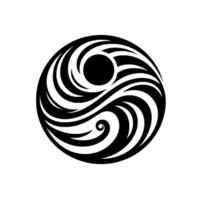 Yin YangInspired Circular Design A monochromatic illustration with swirling lines, incorporating a central black circle and intricate patterns suggestive of balance and harmony. vector