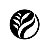 Abstract Organic Logo White Leaves and Curving Forms Emerging from a Black Circle on a Minimalist White Background, Suggesting Growth. vector