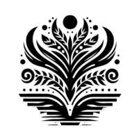 Intricate Black White Botanical with Ornate Leaves, Crescent Shapes, and Geometric Elements on a White Background. vector