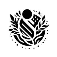 Black and white stylized natureinspired emblem featuring a circular floral design, with gradient and dot details, evoking elegance and simplicity. vector