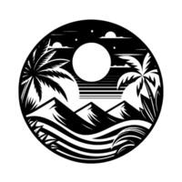 Black and White Circular Tropical Landscape Palm trees, mountains, sun, and waves within a stylized, symmetrical design, evoking a serene beach paradise. vector