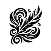 A stylized monochromatic feather and decorative flourishes arrangement on a stark white background, embodying elegance and design. vector