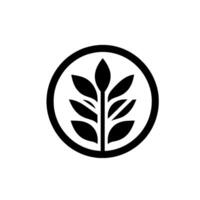 Black and White Minimalist Logo Leafy Stem Encased in a Circular Frame on a White Background. vector