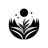 Serene black and white minimalist illustration of a mountain range, foliage, sun, and stars within a circular frame. vector