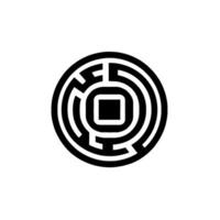 A minimalistic, circular black and white maze with a central square, conveying complexity and a sense of challenge. vector