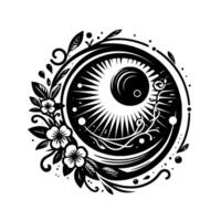 Intricate black and white illustration featuring a stylized eye symbol with sunburst, floral elements, and delicate swirling patterns. vector