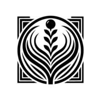 Black and White Minimalist of a Plant Symbol, Enclosed in a Circle and Square, Representing Growth. vector