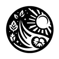 A circular, minimalist black and white showcasing elements of nature, including leaves, a sun, stars, and flowing lines within a balanced composition. vector