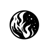 Black and white minimalist stylized illustration of flames engulfing a sphere with starlike elements, evoking energy and dynamism. vector