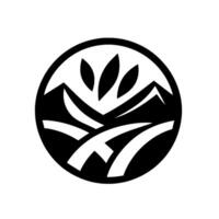 Black and White Circle Depicting Mountain Landscape, Hills, and Foliage, Simple and Elegant Design. vector