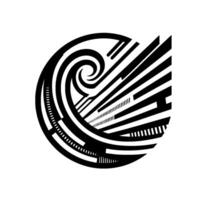 Abstract black and white geometric within a circular frame, featuring a spiral and radial elements, evoking dynamism. vector
