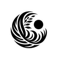 Abstract YinYang featuring a black stylized pattern of leaves and flowing lines embracing a central black sphere on a white background. vector