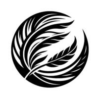 Black and white stylized botanical illustration of stylized feathers and foliage arranged inside a perfect circle, with elegant lines. vector