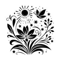 A stylized, monochrome floral illustration with a sun, butterfly, stars, and various plant elements forming a harmonious, decorative design. vector