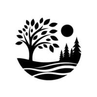 Silhouette nature scene within a circle tree, pine trees, sun, and curved landscape, all rendered in bold black and white contrast, capturing a minimalist aesthetic. vector