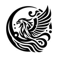 A bold black and white emblem of a stylized eagle soaring within a circle, featuring intricate tribal patterns. vector