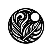 Intricate black and white circular featuring stylized feathers, a spiral, and a celestial body, suggestive of flight, nature, and balance. vector