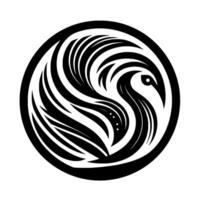A striking, monochrome, stylized bird encased within a circular frame, featuring flowing, curved lines and negative space, creating a dynamic and balanced composition. vector