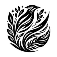 Abstract black and white illustration of a birdlike form composed of stylized leaves and flowing lines within a circular composition. vector