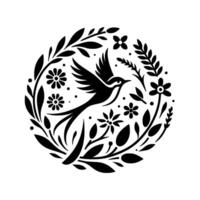 Silhouette of a Flying Bird Amidst Floral and Foliage Arrangement in a Circular Composition on a White Background, Emphasizing Balance and Nature. vector