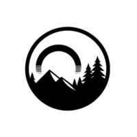 Symbolic illustration of a magnet over a mountain landscape with evergreen trees within a circular frame, emphasizing nature and magnetic forces. vector