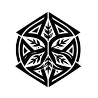 Symmetrical Black and White NatureInspired Geometric with Leaflike Elements Within a Hexagonal and Circular Pattern. vector